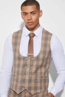 Mens Beige Skinny Double Breasted Check Waistcoat