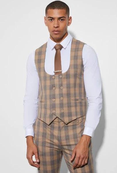 Mens Beige Skinny Double Breasted Check Waistcoat