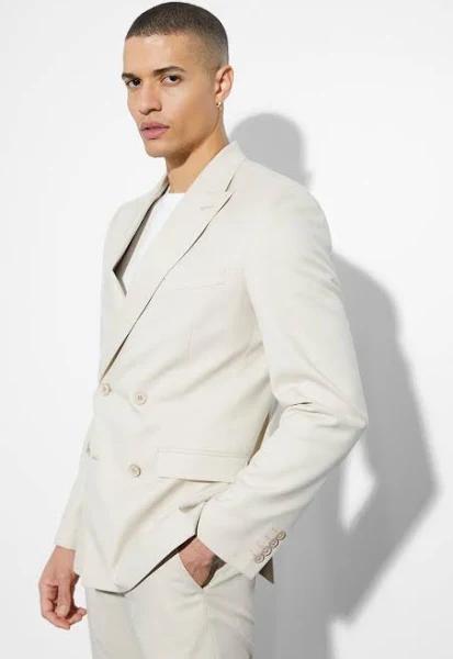 Mens Beige Skinny Double Breasted Linen Suit Jacket