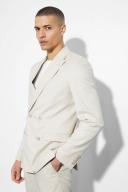 Mens Beige Skinny Double Breasted Linen Suit Jacket