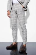 Mens Beige Skinny Fit Check Suit Trousers