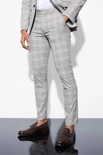 Mens Beige Skinny Fit Check Suit Trousers