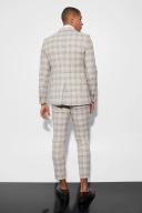 Mens Beige Skinny Single Breasted Check Suit Jacket