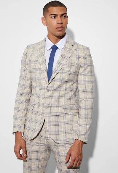 Mens Beige Skinny Single Breasted Check Suit Jacket