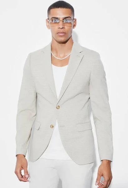 Mens Beige Skinny Single Breasted Micro Check Jacket