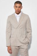 Mens Beige Slim Double Breasted Stripe Suit Jacket