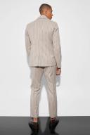 Mens Beige Slim Double Breasted Stripe Suit Jacket