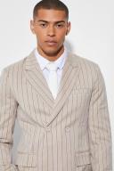Mens Beige Slim Double Breasted Stripe Suit Jacket