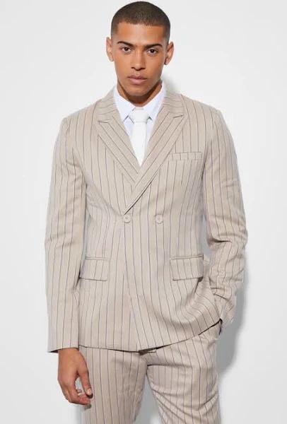 Mens Beige Slim Double Breasted Stripe Suit Jacket