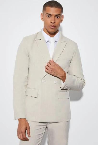 Mens Beige Slim Double Breasted Texture Suit Jacket