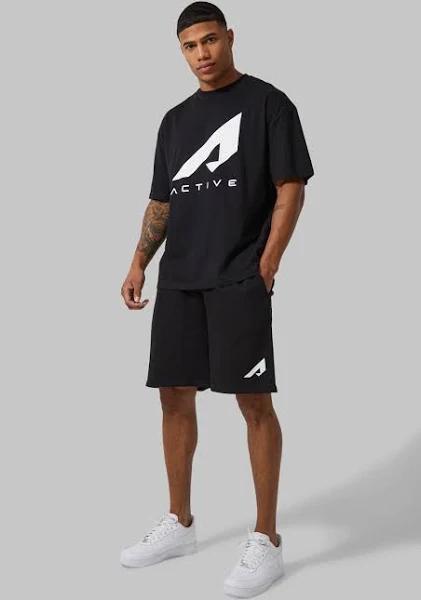 Mens Black Active Chest Print Oversized Short Set
