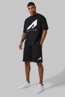 Mens Black Active Chest Print Oversized Short Set