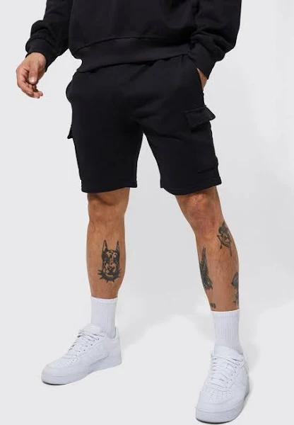Mens Black Basic Slim Fit Mid Length Jersey Cargo Short