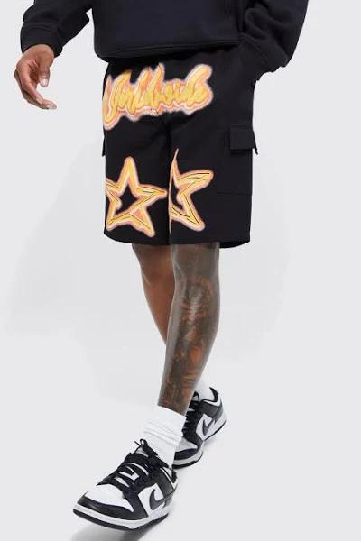 Mens Black Elastic Waist Relaxed Graffiti Cargo Short