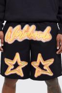 Mens Black Elastic Waist Relaxed Graffiti Cargo Short