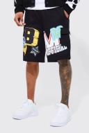 Mens Black Elastic Waist Relaxed Varsity Cargo Short