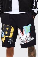 Mens Black Elastic Waist Relaxed Varsity Cargo Short