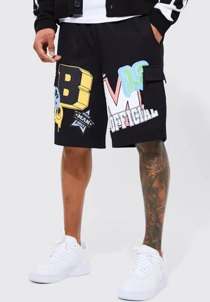 Mens Black Elastic Waist Relaxed Varsity Cargo Short