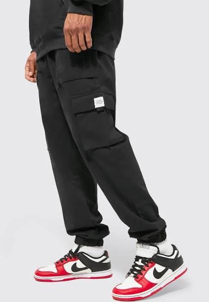 Mens Black Elastic Waist Slim Fit Buckle Cargo Jogger