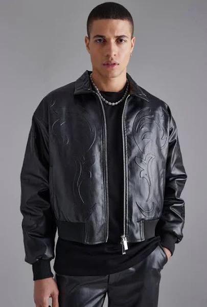 Mens Black Embossed PU Baroque Boxy Bomber