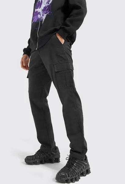 Mens Black Fixed Waist Straight Leg Twill Cargo Trouser