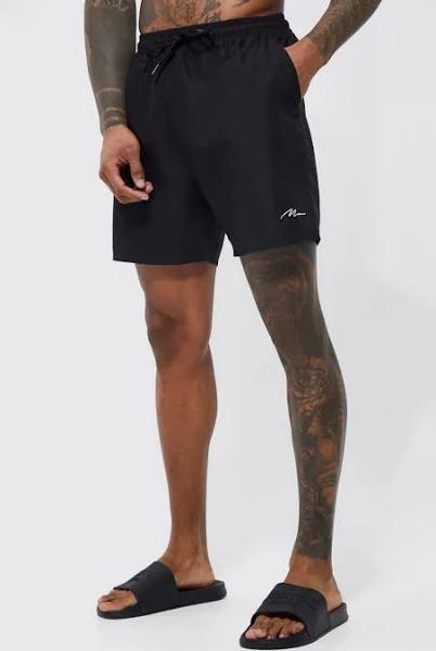 Mens Black Man Signature Mid Length Swim Shorts