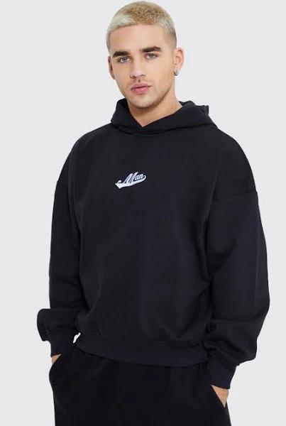 Mens Black Man Varsity Oversized Heavyweight Hoodie