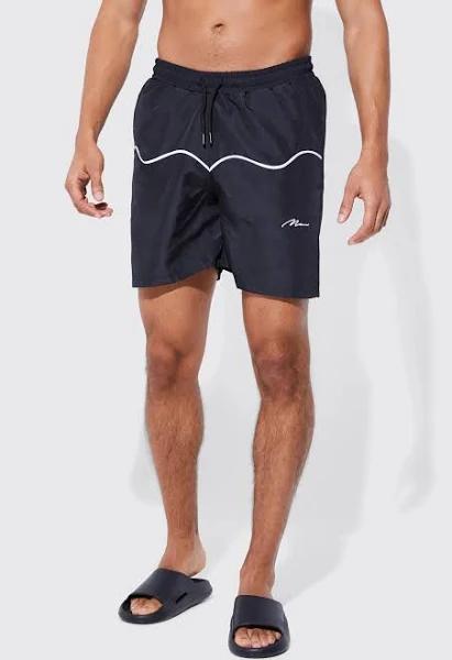 Mens Black Mid Length Official Man Piping Swim Shorts