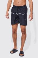 Mens Black Mid Length Official Man Piping Swim Shorts