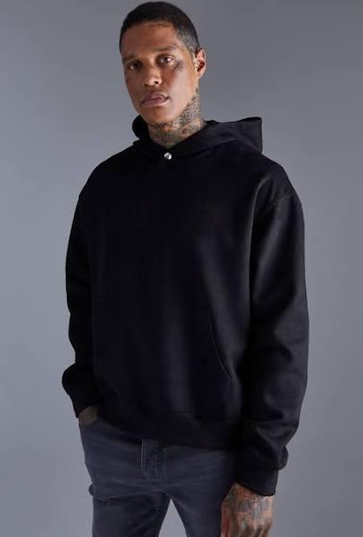 Mens Black Oversized Boxy Faux Suede Hoodie