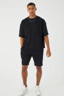 Mens Black Oversized Boxy Waffle T-Shirt & Short Set