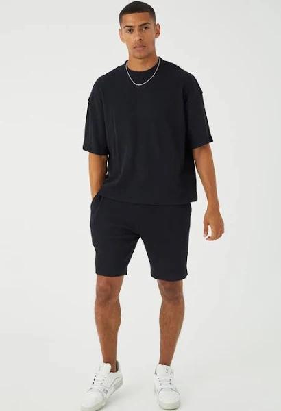 Mens Black Oversized Boxy Waffle T-Shirt & Short Set