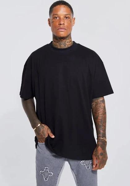 Mens Black Oversized Extended Neck T-Shirt