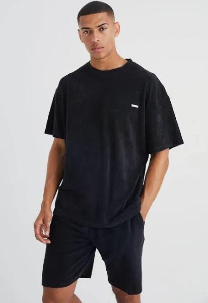 Mens Black Oversized Premium Towelling T-Shirt & Short Set