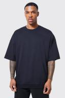 Mens Black Oversized Ribbed Hem T-Shirt