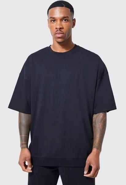 Mens Black Oversized Ribbed Hem T-Shirt