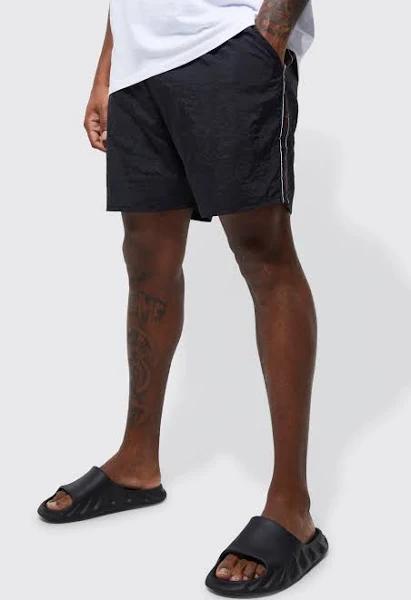 Mens Black Plus Mid Length Worldwide Tape Swim Shorts