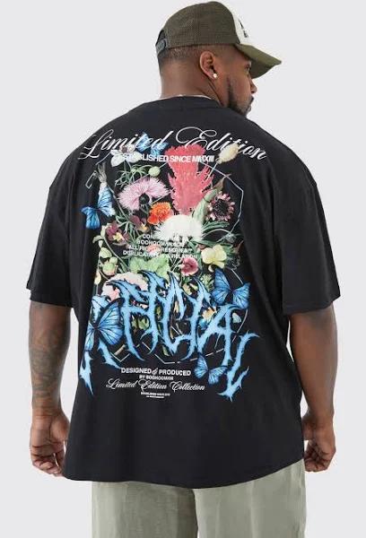 Mens Black Plus Oversized Extended Neck Floral T-Shirt