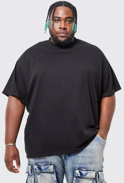 Mens Black Plus Oversized Extended Neck Heavy T-Shirt