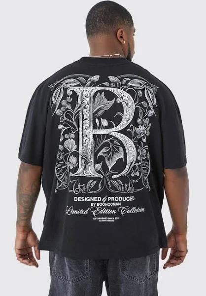 Mens Black Plus Oversized Gothic Floral B Print T-Shirt
