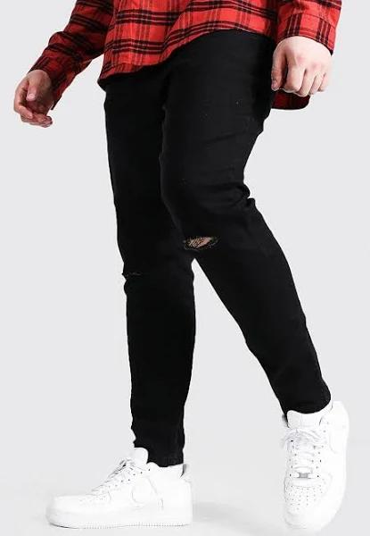Mens Black Plus Size Super Skinny Knee Slit Jeans