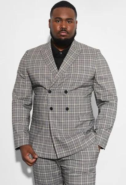 Mens Black Plus Skinny Double Breasted Check Suit Jacket