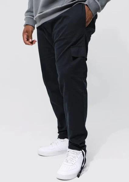 Mens Black Plus Skinny Fit Elastic Waist Cargo Trouser