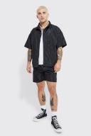 Mens Black Short Sleeve Boxy Quilted Shirt & Short Set