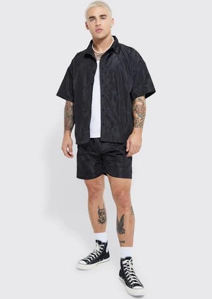 Mens Black Short Sleeve Boxy Quilted Shirt & Short Set