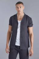Mens Black Short Sleeve Linen Revere Shirt