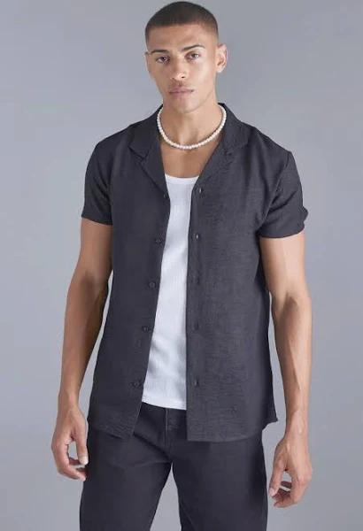 Mens Black Short Sleeve Linen Revere Shirt