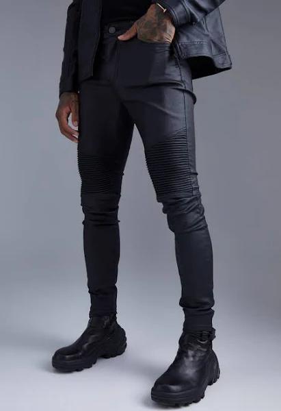 Mens Black Skinny Fit Coated Biker Jeans