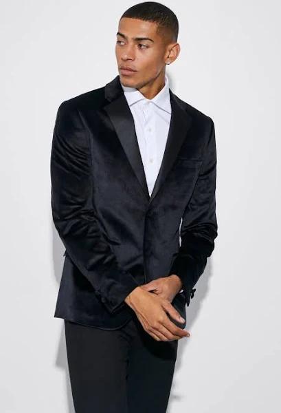 Mens Black Skinny Velour Satin Lapel Suit Jacket