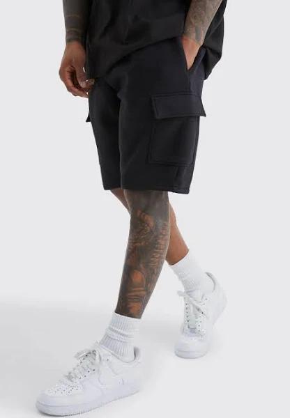 Mens Black Slim Mid Cargo Jersey Short